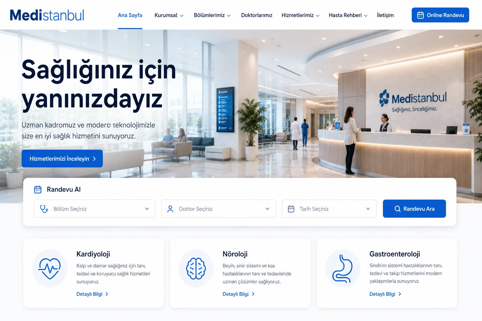 Hastane web sitesi ana sayfası ve randevu arama kartı