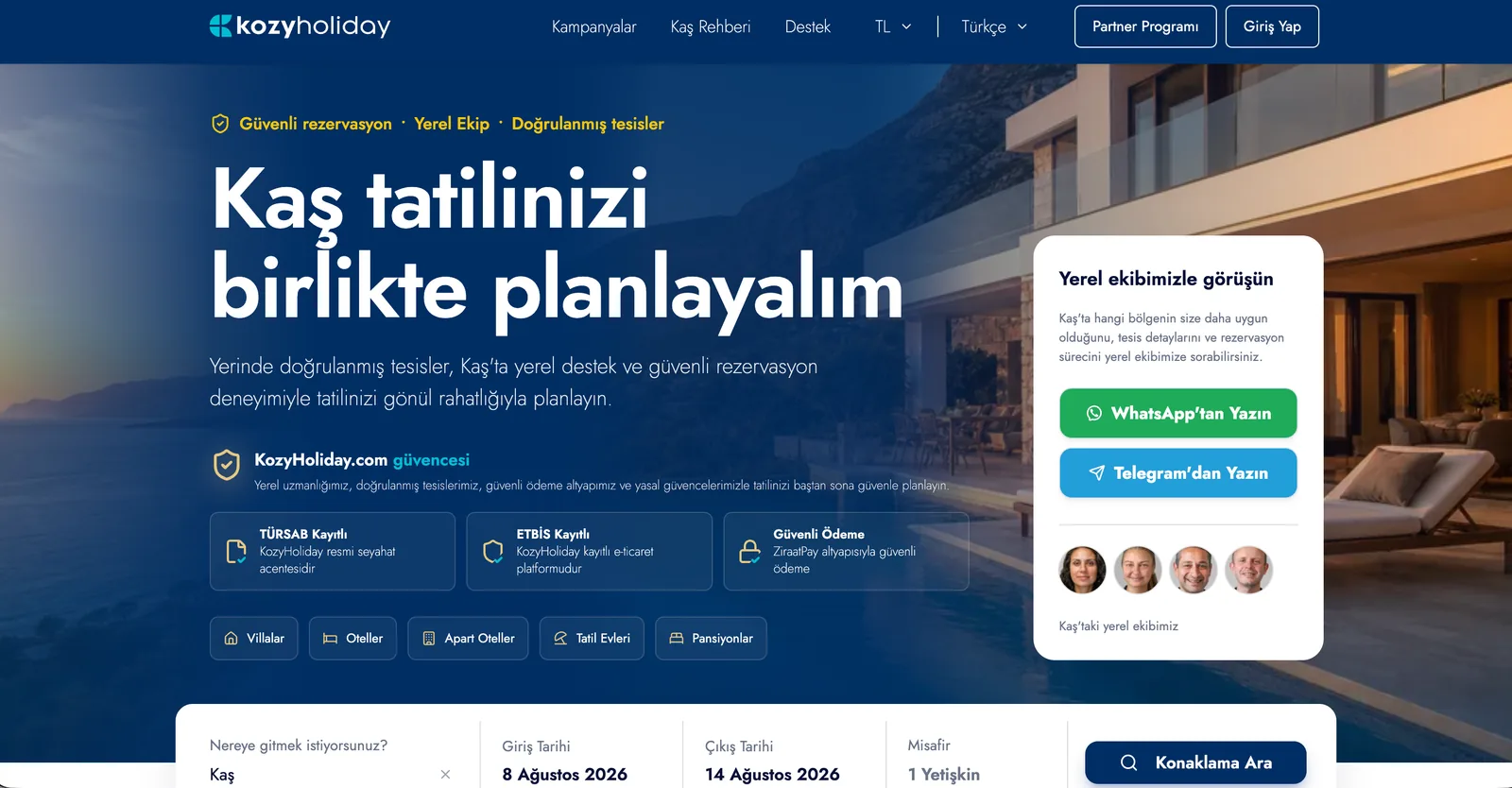 KozyHoliday misafir rezervasyon sitesi ana sayfası